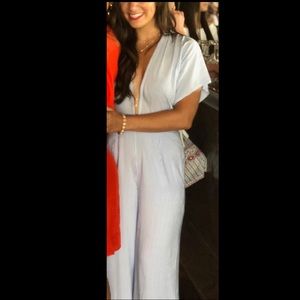 Blue striped deep neck jumpsuit